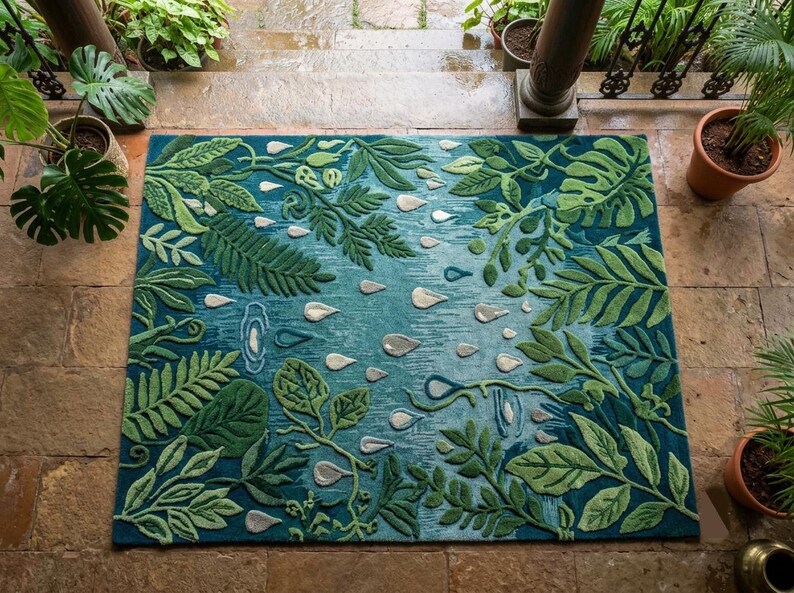 Handmade Tropical Botanical Rug, Green Leaf Tufted Area Rug, Nature ...