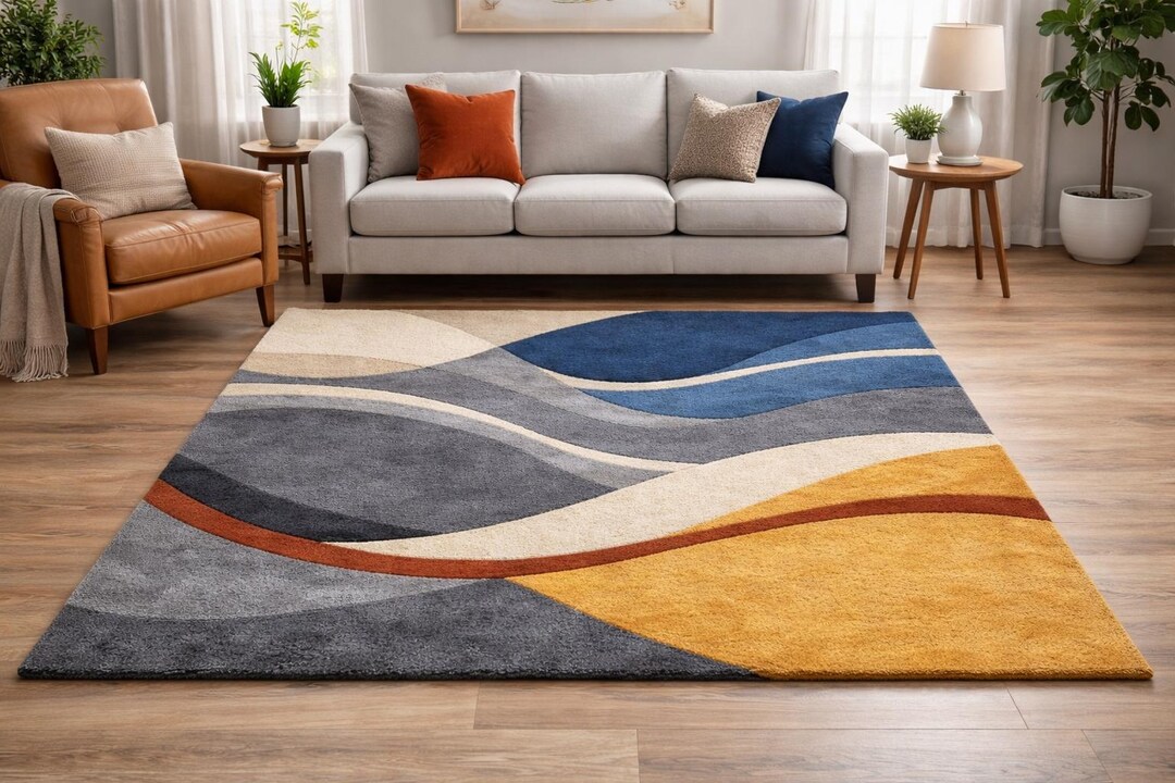 pile-cut-modern-abstract-wave-area-rug-blue-grey-mustard-carpet-etsy