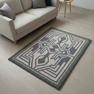 May include: Geometric patterned area rug with a cream background, accented with blue, green, and gray lines. The rug is rectangular and placed on a light wood floor, near a beige sofa and side table.