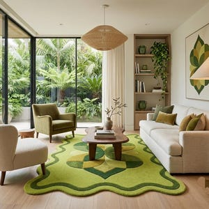 Wavy Green Scalloped Area Rug, Mid Century Modern Irregular Pattern Tufted Rug, Retro Geometric Green Leaf Carpet for Living Room Aesthetic