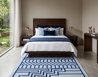 Hand Tufted Geometric Wool Runner Rug, Modern Blue Ivory Hallway Carpet