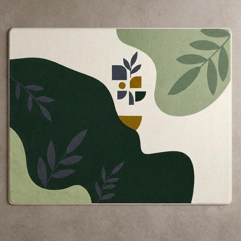 Abstract Leaf Pattern Area Rug Abstract Botanical Area Rug, Green Cream Leaves, Mid-century Modern ...