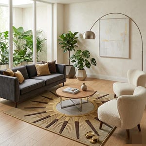 Könnte beinhalten: Ein modernes Wohnzimmer mit einem grauen Sofa, zwei cremefarbenen Sesseln und einem runden Couchtisch aus Holz. Ein großer Teppich mit Sonnenstrahlendesign liegt auf dem Boden. Eine hohe Bogenlampe und Topfpflanzen ergänzen die Einrichtung.