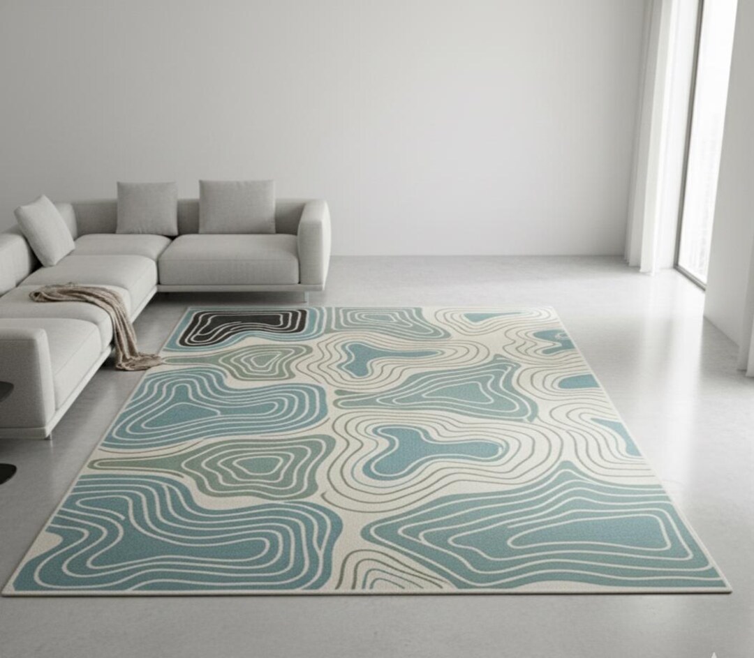 Modern Abstract Blue Area Rug, Topographic Line Pattern Carpet ...