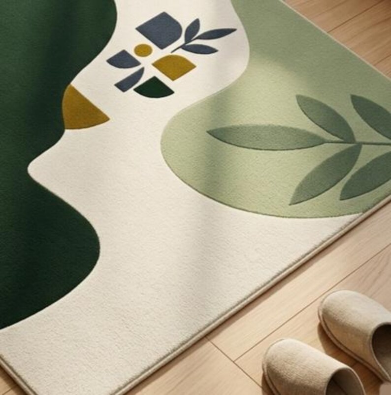 Abstract Leaf Pattern Area Rug Abstract Botanical Area Rug, Green Cream Leaves, Mid-century Modern ...