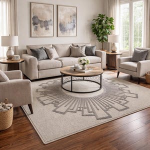 May include: A living room with a beige sofa, armchairs, and a round coffee table. A large rug with a geometric design in grey and beige is in the centre. Two framed abstract paintings hang above the sofa. The room has a neutral colour palette.