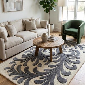 May include: A living room with a beige sofa, a round wooden coffee table, and a patterned rug. The rug has a cream background with a grey floral design. A green armchair and a potted plant are also visible. The room has wooden flooring.