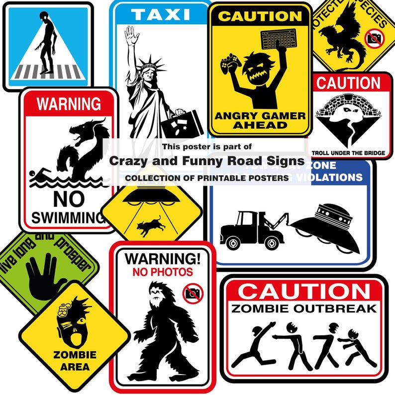 Wacky Signs Crazy and Funny Road Signs - Collection of Printable Posters - Etsy