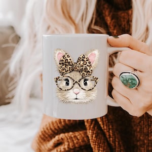 Leopard Bow Bunny Mug, Ceramic Coffee Cup, Coquette Animal Lover Gift