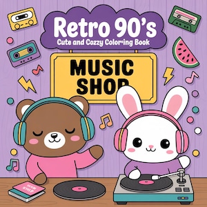 May include: A colorful illustration of a coloring book titled "Retro 90's Cute and Cozy Coloring Book." The image features a bear and a bunny wearing headphones, a record player, and a sign that says "Music Shop."