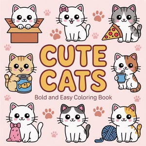 Könnte beinhalten: Illustration mit Cartoon-Katzen in verschiedenen Posen, mit dem Text "CUTE CATS". Die Katzen sind weiß, grau und orange, einige halten Gegenstände wie Pizza und Garn. Der Hintergrund ist hellrosa.