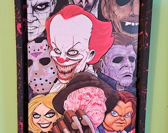 May include: A framed print featuring a group of horror movie characters, including Freddy Krueger, Jason Voorhees, Pennywise the Dancing Clown, Chucky, and Michael Myers. The characters are depicted in a colorful and stylized manner, with each character's signature weapon or accessory.