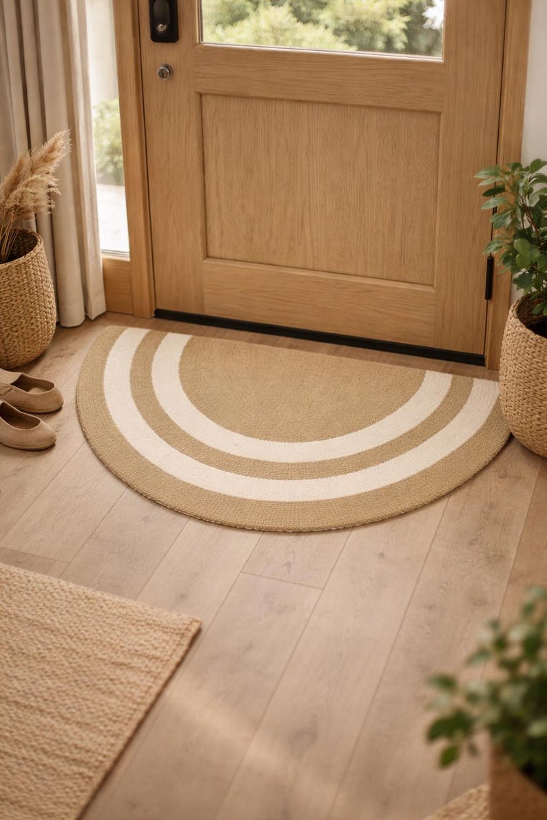 May include: A half-circle beige and white striped doormat sits on a light wood floor in front of a wooden door. The mat has two white stripes. A small rectangular rug is in the lower left corner. Wicker baskets with plants are on either side.