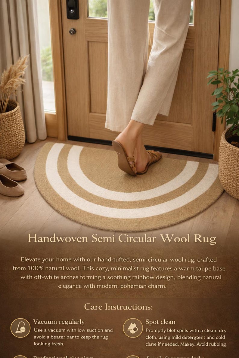May include: Handwoven semi-circular wool rug with a warm taupe base and off-white arches. The rug is made from 100% natural wool. The rug has a semi-circular shape and is placed in front of a door.