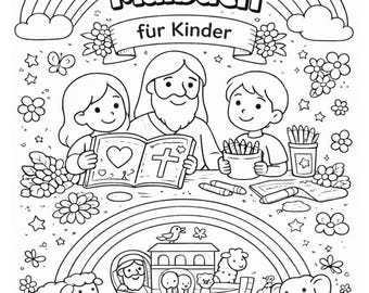 Peut inclure: Livre de coloriage en noir et blanc intitulé "Christliches Malbuch für Kinder". L'image présente des illustrations d'un arc-en-ciel, de fleurs, d'enfants et de personnages religieux. Le texte "Dieses Buch gehört zu:" est en bas.