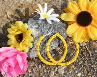 Sunshine yellow beaded wire wrapped hoops