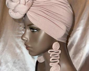 Sand pre-tied head wrap/turban with matching earrings