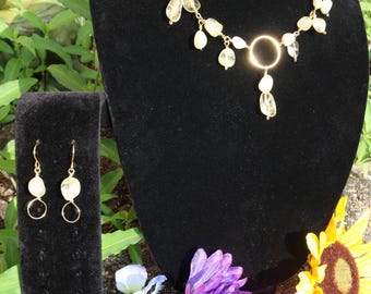 Citrine Necklace and Earrings Set: Gold-Tone Dangle Jewelry