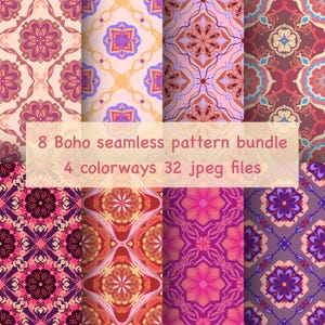 Puede incluir: Ocho patrones Boho sin costuras con diseños florales y geométricos en tonos rosa, morado, naranja y azul. La imagen incluye el texto: "8 Boho seamless pattern bundle 4 colorways 32 jpeg files."
