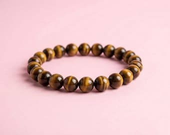 Tiger's Eye Bead Bracelet, 8mm Round Gemstone, Handmade Stretch Fit
