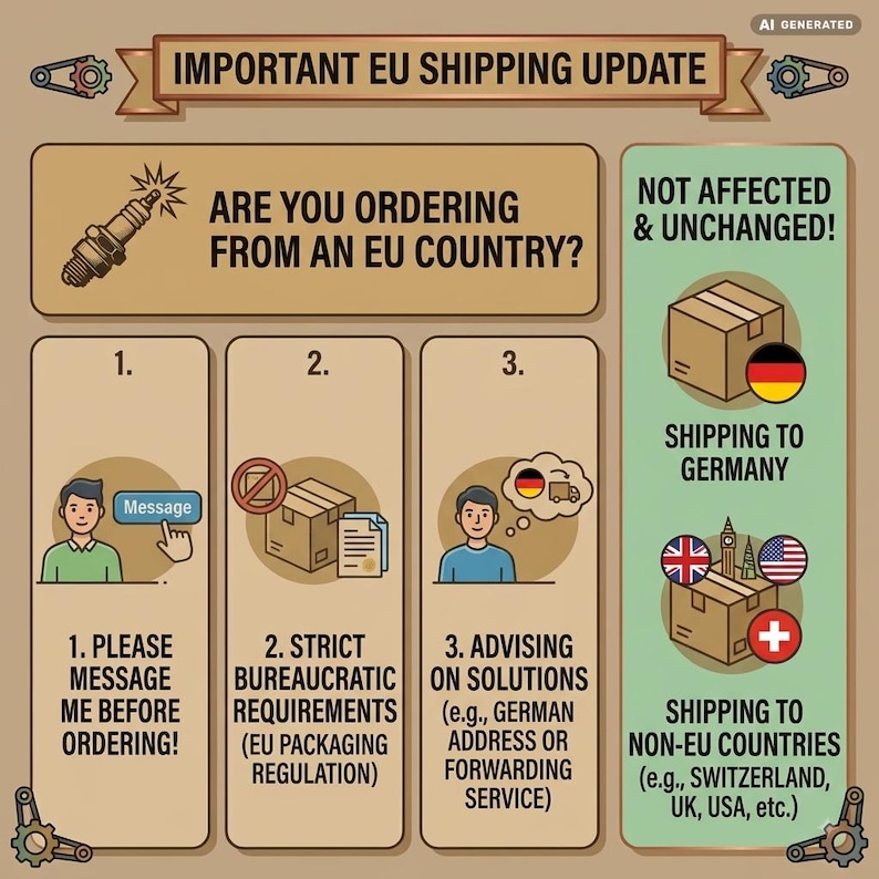 May include: An informational graphic titled IMPORTANT EU SHIPPING UPDATE. It features a spark plug icon, three numbered steps for EU orders, and a section for non-affected countries including Germany, Switzerland, the UK, and the USA with flags.