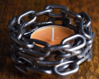 Stainless steel tealight holder with chain, handmade candle holder, industrial home decor