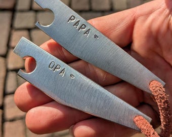 Personalized handmade bottle opener with stamped letters made of stainless steel, e.g., a Father's Day gift for Dad or Grandpa. Custom Bottle Opener