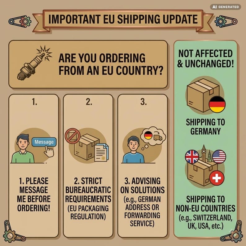 May include: An informational graphic titled IMPORTANT EU SHIPPING UPDATE. It features a spark plug icon, three numbered steps for EU orders, and a section for non-affected countries including Germany, Switzerland, the UK, and the USA with flags.