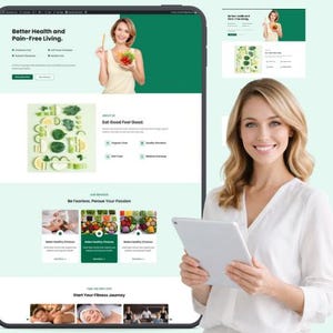 Puede incluir: Una mujer sonríe, sosteniendo una tableta, con un sitio web sobre salud y bienestar que se muestra en una tableta grande y una pantalla más pequeña. El sitio web presenta el texto: "Better Health and Pain-Free Living" y "Eat Good Feel Good."