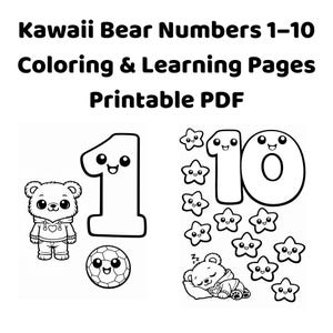 Könnte beinhalten: Schwarz-weiß druckbare PDF mit Kawaii-Bären-Zahlen 1-10. Enthält Mal- und Lernseiten mit Illustrationen von Bären, Sternen, einem Fußball und den Zahlen mit lächelnden Gesichtern.