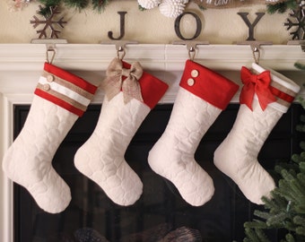 Christmas Stockings with Red Cuffs and Burlap Accents - Set of Four (4)