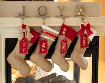 Family Christmas Stockings - Burlap Stockings with Red Accent Cuffs and Stocking Tags - Set of 4