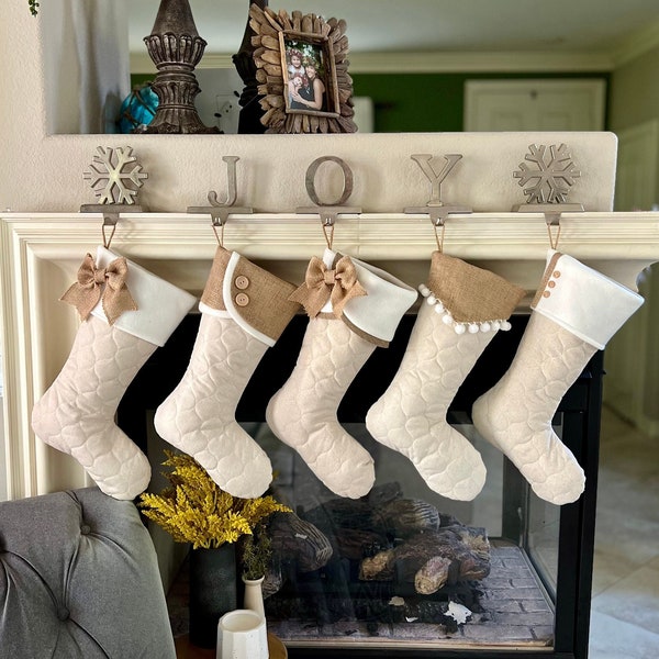 Quilted Christmas Stockings - Lined - Quilted Stockings in Neutral Tones, Natural Earth Tones - Set of Five Stockings