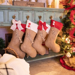 Personalized Christmas Stockings Burlap Stockings With Red Accent