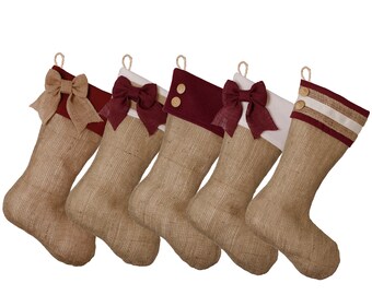 Burlap Christmas Stockings with Burgundy Cuffs - Set of Five(5)