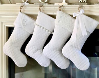 White Christmas Stockings with Optional Personalized Stocking Tags, Set of 4