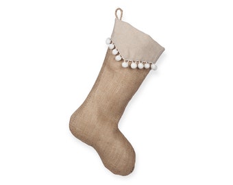 Classic Burlap Christmas Stocking - Pennant Cuff and White Pom Pom Trim