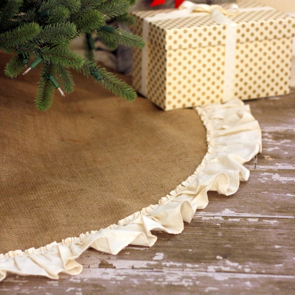 Christmas Tree Skirt - Burlap Tree Skirt with Hemmed Ruffle - Fully Lined