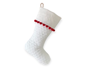 White Christmas Stocking - White Quilted Stocking with Red Accent -  Style C