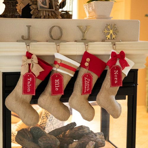 Family Christmas Stockings Burlap Stockings With Red Accent Etsy Family Christmas Stockings Burlap Stockings With Red Accent Etsy