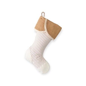 Burlap Christmas Stocking with Tan Stripes, Heel & Toe Patches, Scallop Cuff - Style J