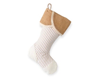 Burlap Christmas Stocking with Tan Stripes, Heel & Toe Patches, Scallop Cuff - Style J