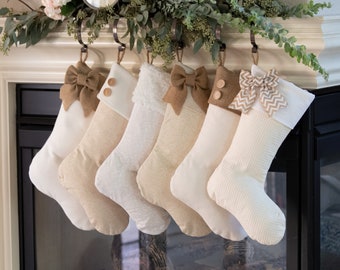 Christmas Stockings with Burlap Accents - Madison Collection- Set of Six (6) - Neutral Custom Stockings
