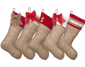 Christmas Stockings for Family of Five (5) - Red, Burgundy, or Blue Cuff Accents