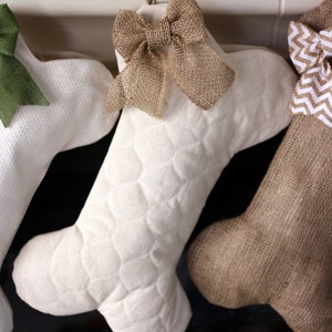 Quilted Dog Bone Christmas Stocking with Optional Bow - Pet Stocking - Neutral Christmas Décor
