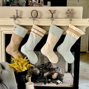 Christmas Stockings with Green Ticking and Burlap Accents - Set of Four (4)