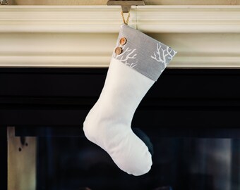 Quilted Christmas Stockings with Gray Sea Coral Fabric Accent, and Two Wood Buttons