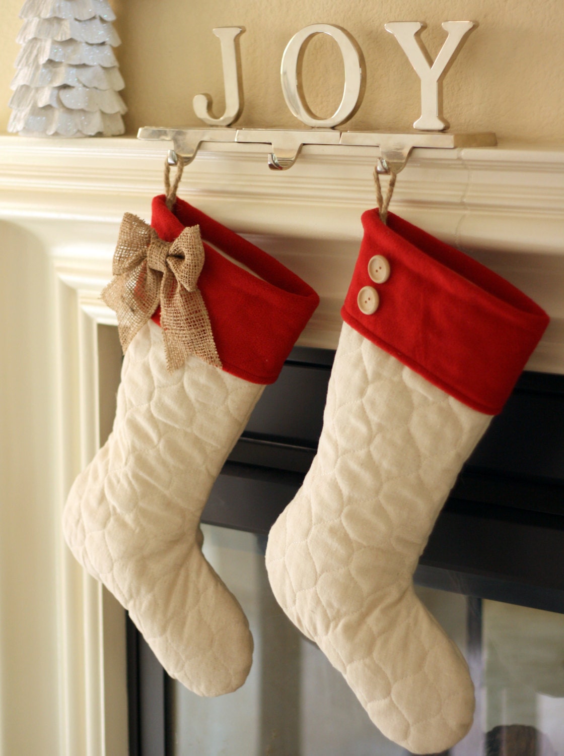 Quilted Christmas Stockings with Red Fleece Cuffs - Set of Two (2)