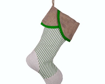 Christmas Stocking with Burlap and Green Ticking Accents