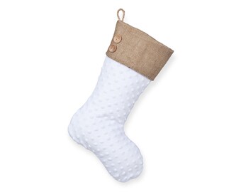 White Minky Christmas Stocking with Burlap Cuff & Two(2) Wooden Buttons